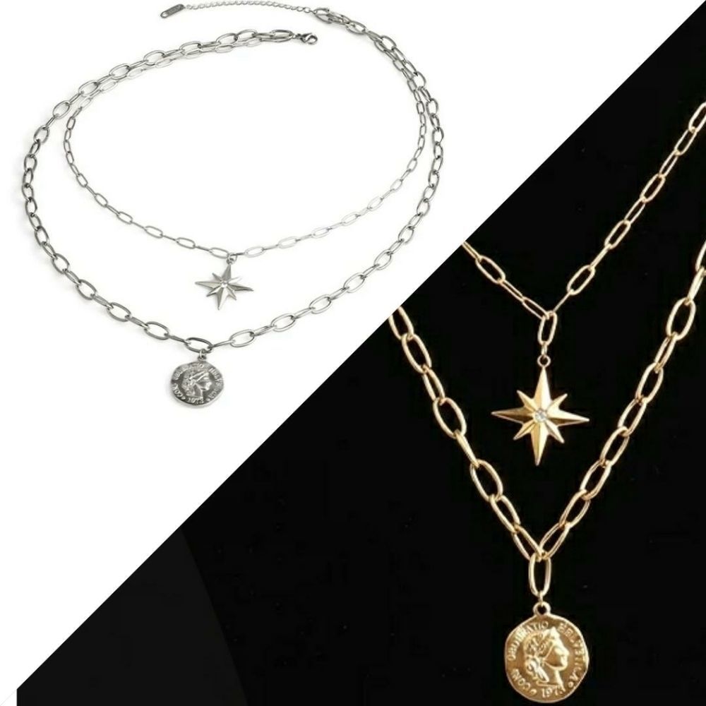 Trendy Layered Chunky SS Link Necklace w/Charms